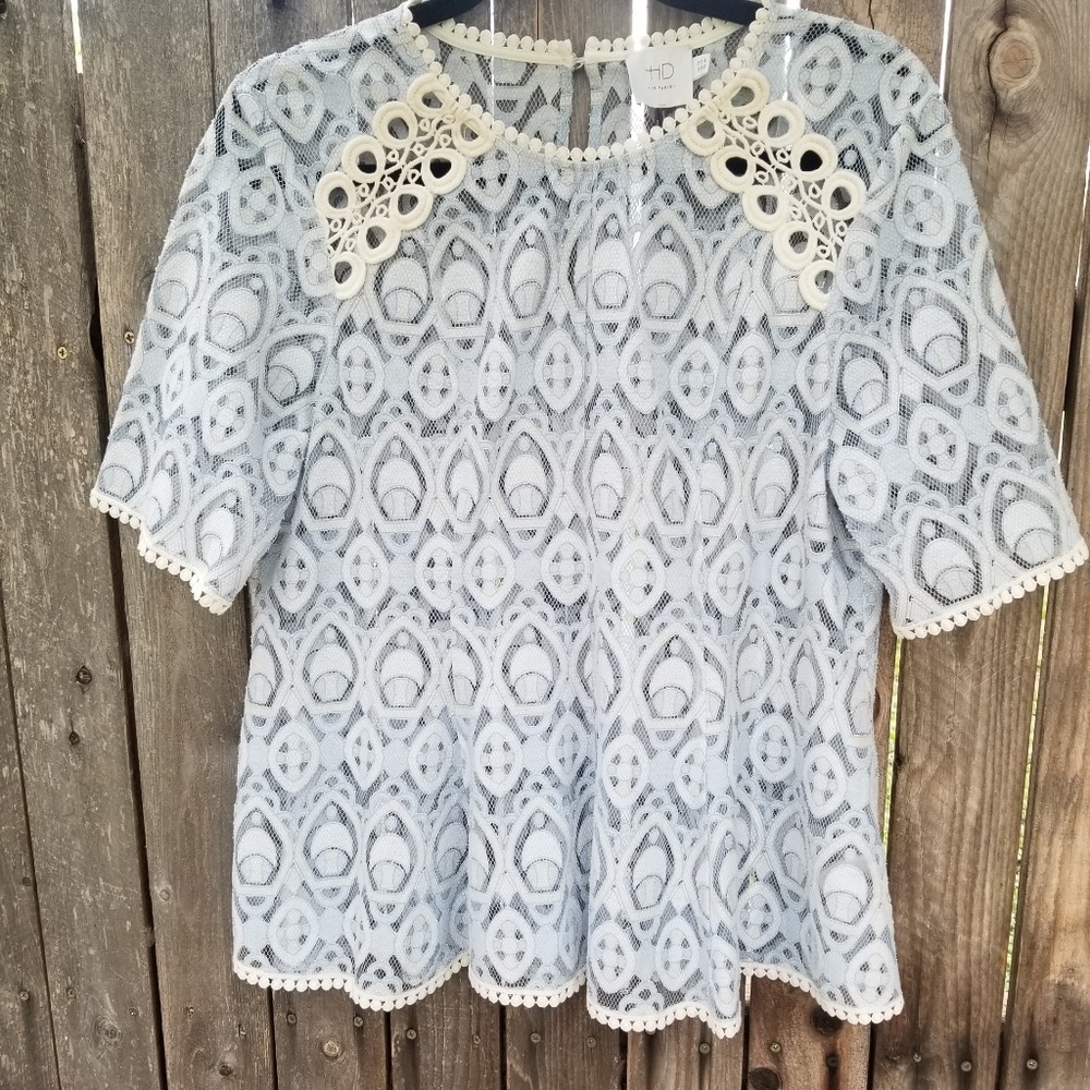Anthropologie Blue and Cream Lace Blouse